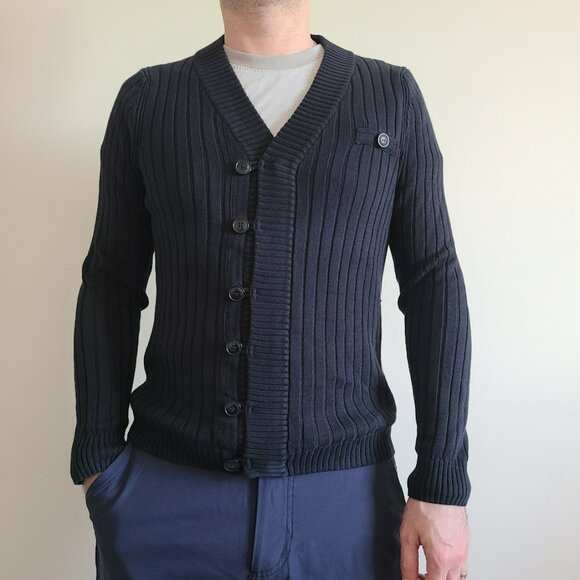 ZARA Man Navy Ribbed Knit Cardigan Sweater M Minimalist Preppy Y2K 00's - Picture 7 of 7